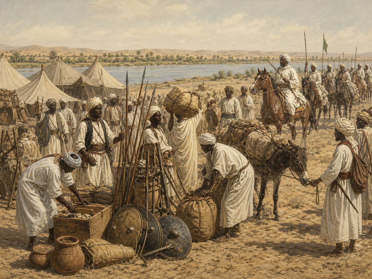 People prepare supplies and weapons at a riverside camp before sending out cavalry