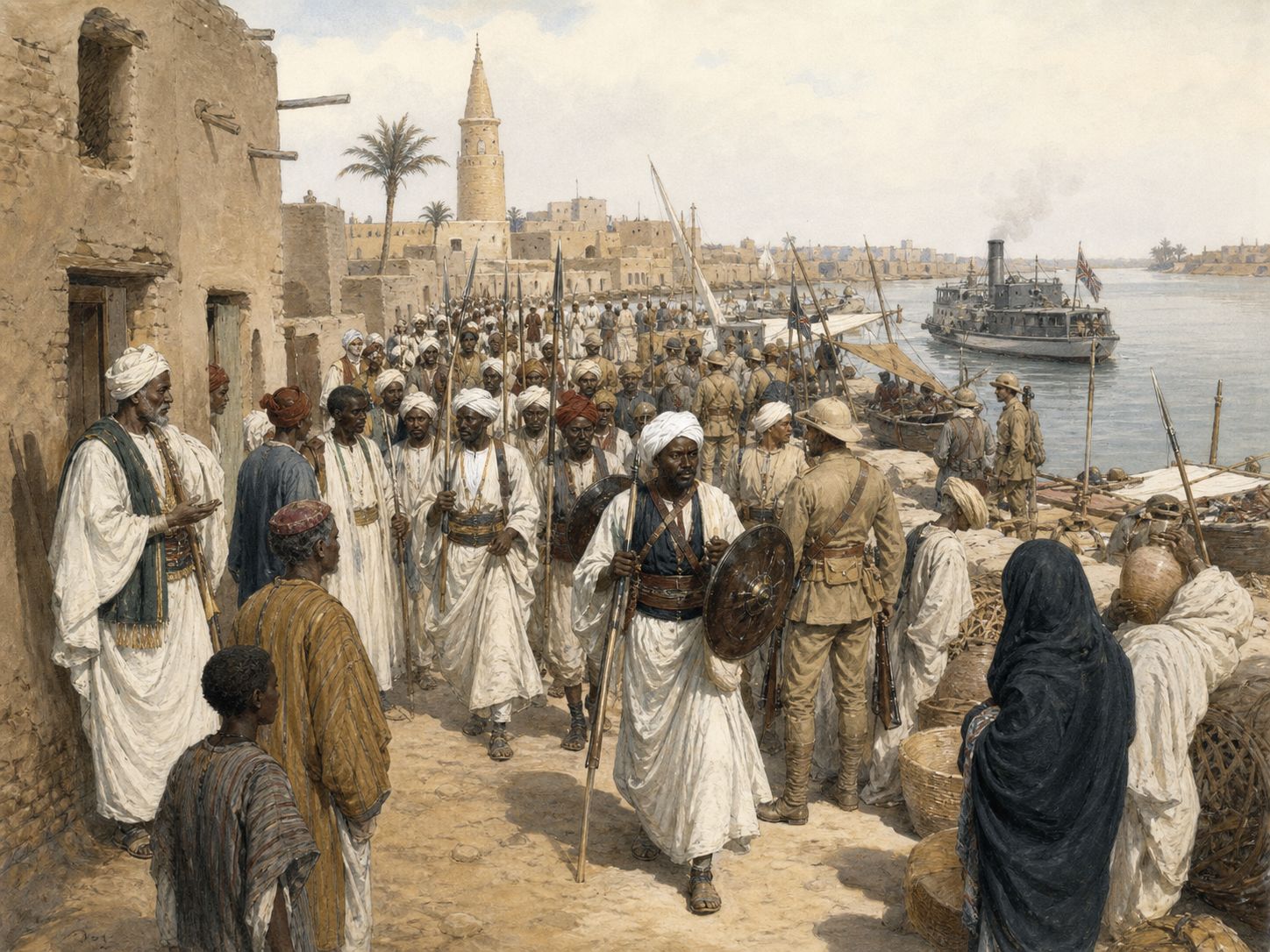 Soldiers and residents from different forces move through the port of Khartoum