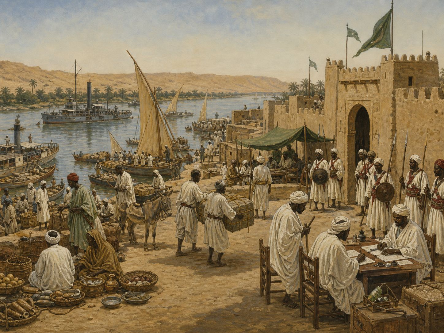 Scribes compile records of trade and rule at a harbor below a fortress