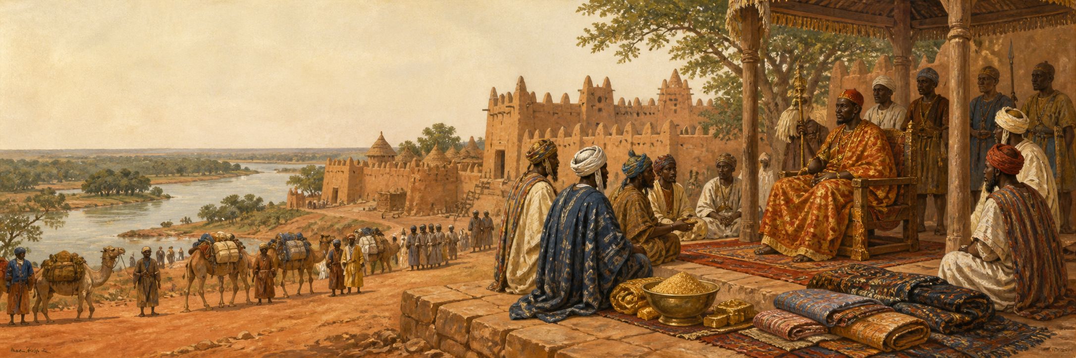 A Manding ruler receiving envoys and traders near a settlement in the Niani area