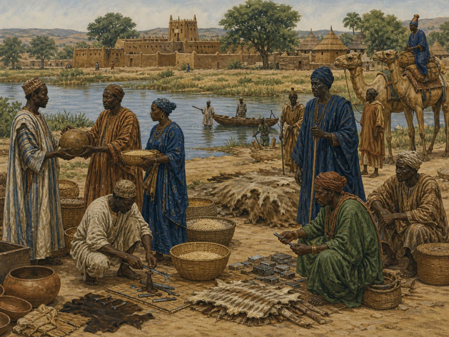 People exchanging grain and tools in an Upper Niger village