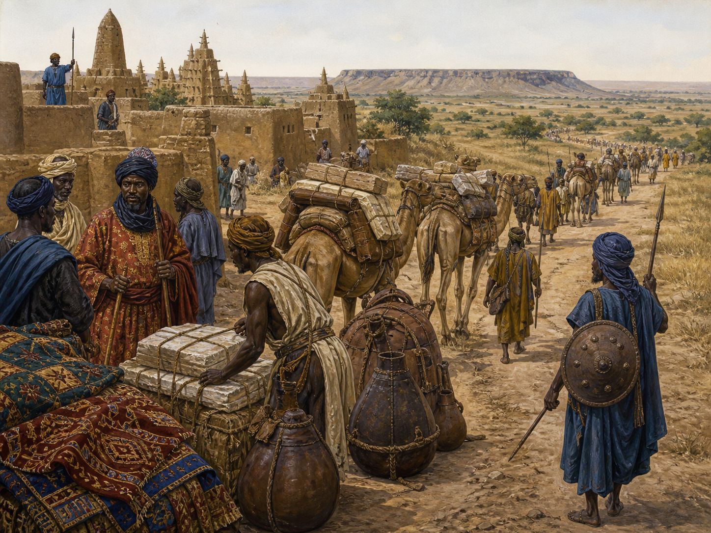 A camel caravan moving along a Sahelian trade route