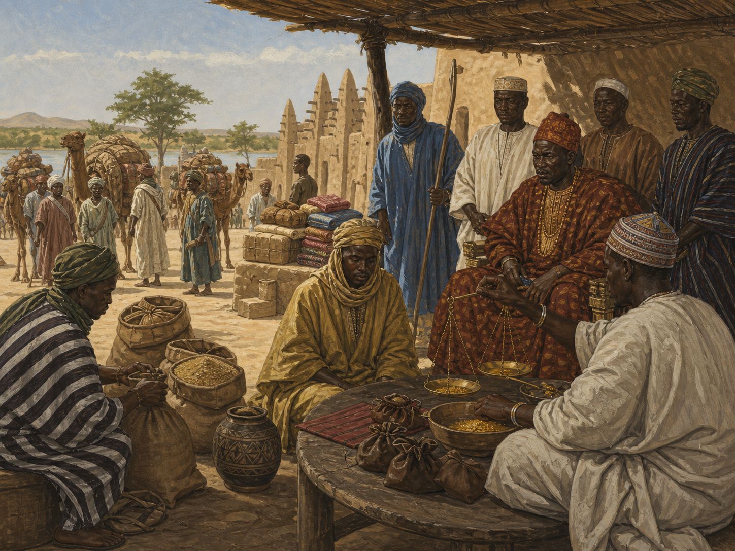 Court officials weighing gold and trade goods in a courtyard