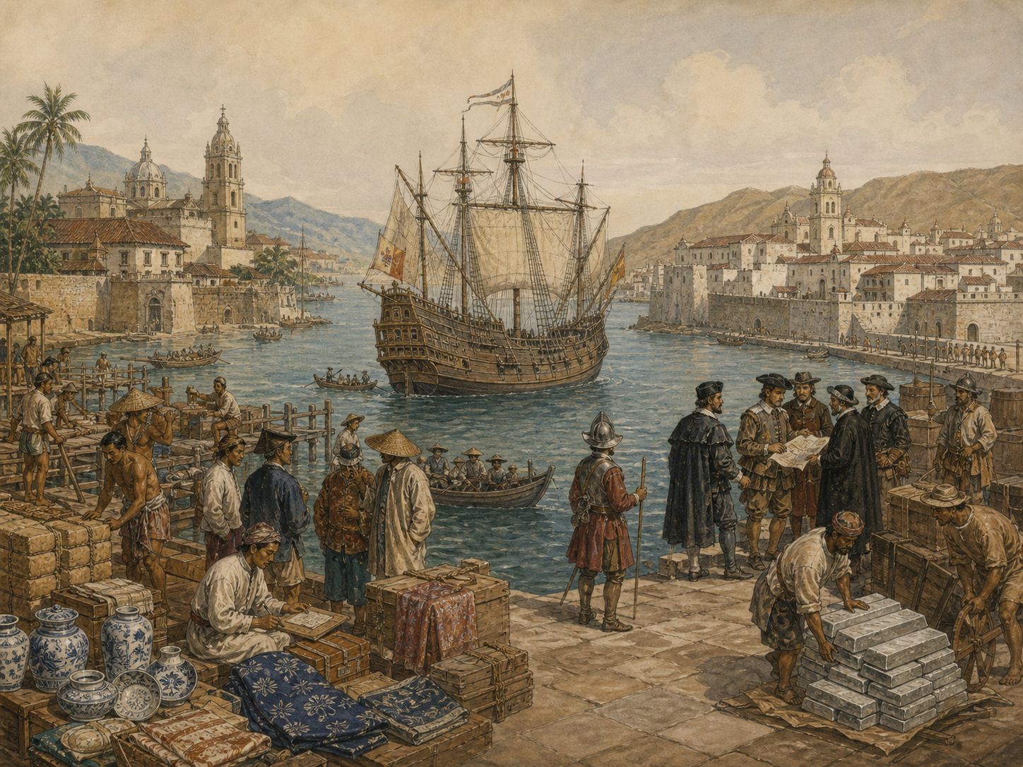 Historical reconstruction of Manila Galleon Trade's background: In and around Manila and Acapulco, the setting took shape as Spanish galleons linked the Philippines and Mexico, moving silver, silk, ceramics, and people across the Pacific.
