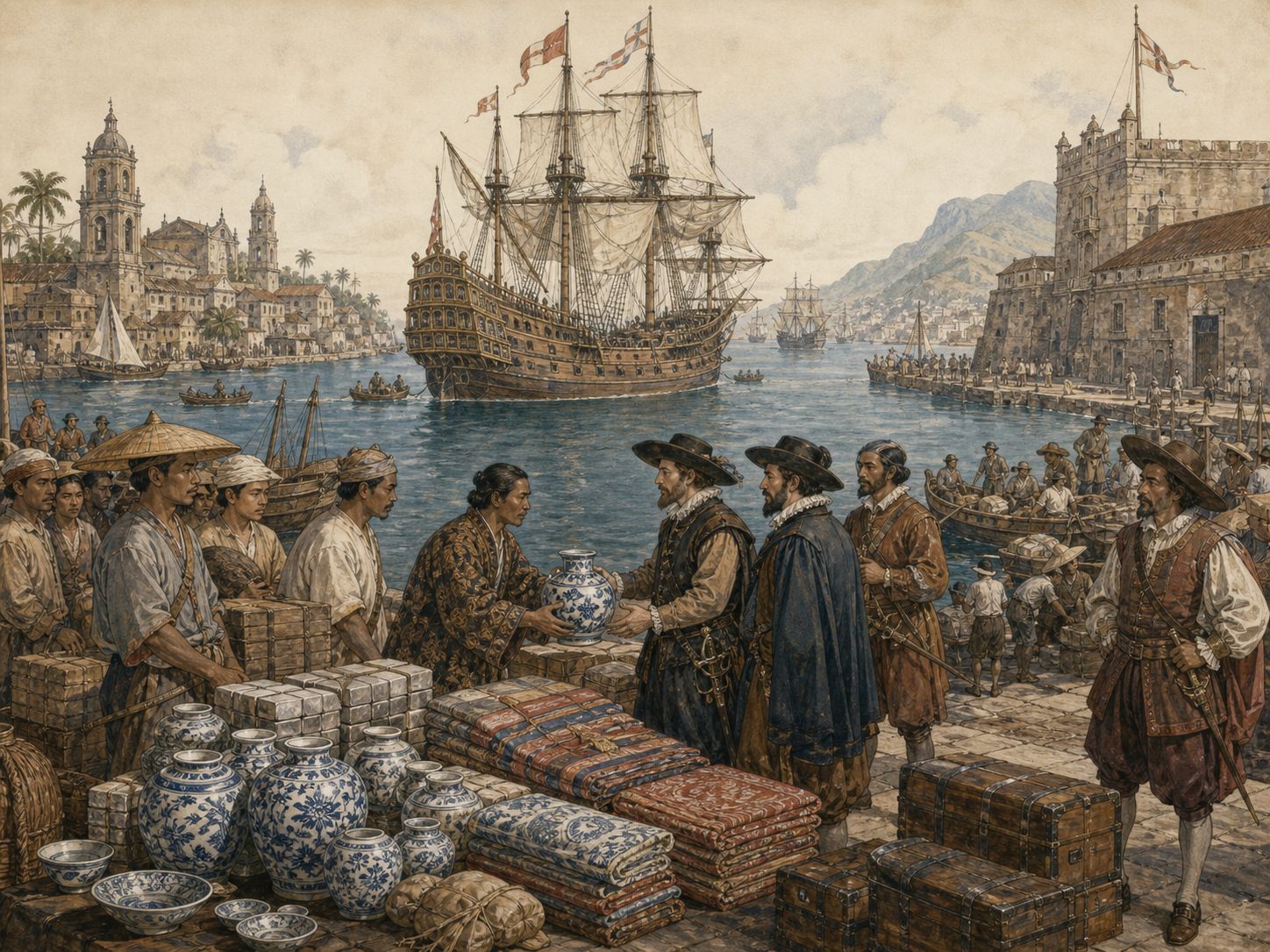 Historical reconstruction of Manila Galleon Trade's central action: Spanish galleons linked the Philippines and Mexico, moving silver, silk, ceramics, and people across the Pacific.