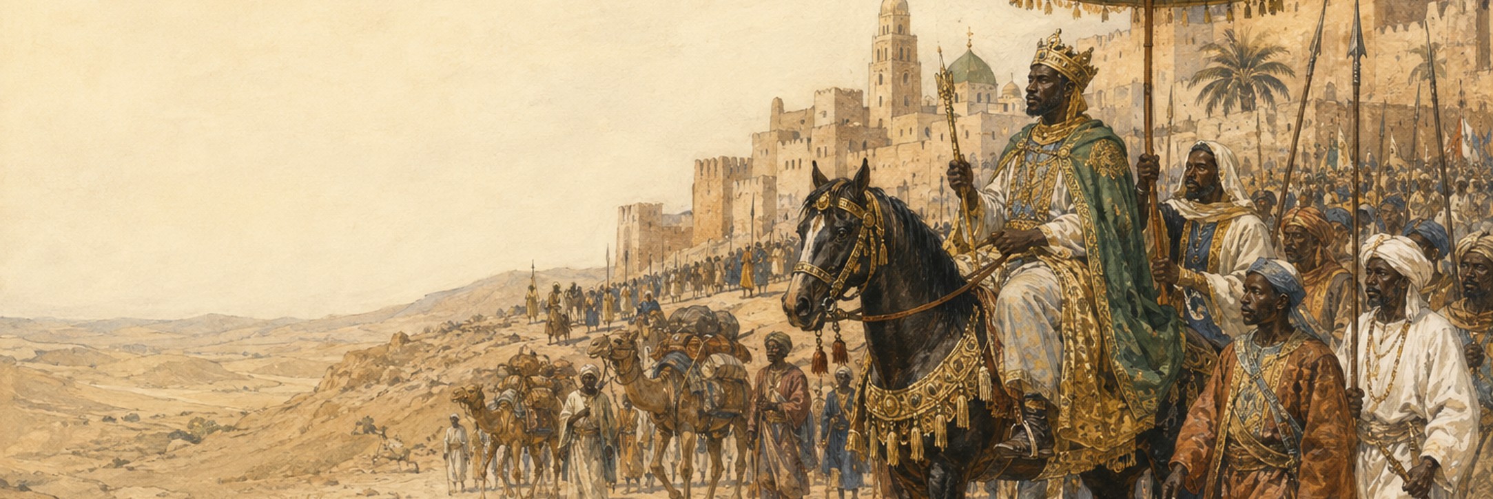 A historical reconstruction of travelers, vessels, and traded goods at from Mali to Mecca, showing the setting of Mansa Musa’s Pilgrimage to Mecca