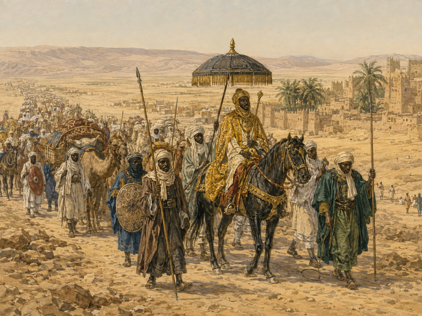 Historical reconstruction of Mansa Musa’s Pilgrimage to Mecca's background: In and around from Mali to Mecca, the setting took shape as Mali’s ruler Mansa Musa traveled to Mecca with a large retinue, publicizing West African wealth and royal power.