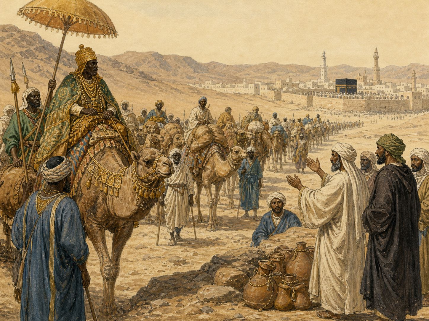 Historical reconstruction of Mansa Musa’s Pilgrimage to Mecca's central action: Mali’s ruler Mansa Musa traveled to Mecca with a large retinue, publicizing West African wealth and royal power.