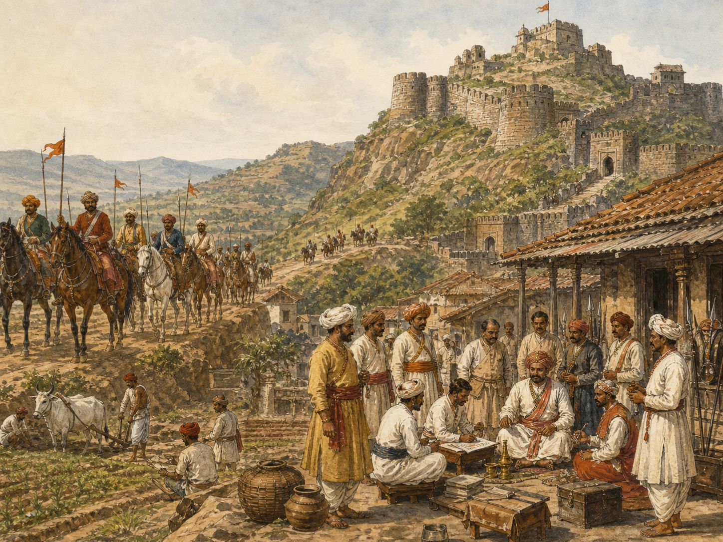Historical reconstruction of Rise of the Maratha Power's background: In and around Maharashtra in western India, the setting took shape as Shivaji established a kingdom in western India and built military and administrative institutions that challenged Mughal power.