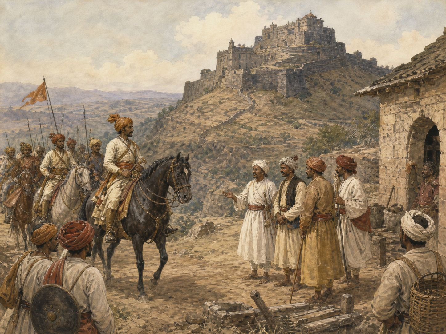 Historical reconstruction of Rise of the Maratha Power's central action: Shivaji established a kingdom in western India and built military and administrative institutions that challenged Mughal power.