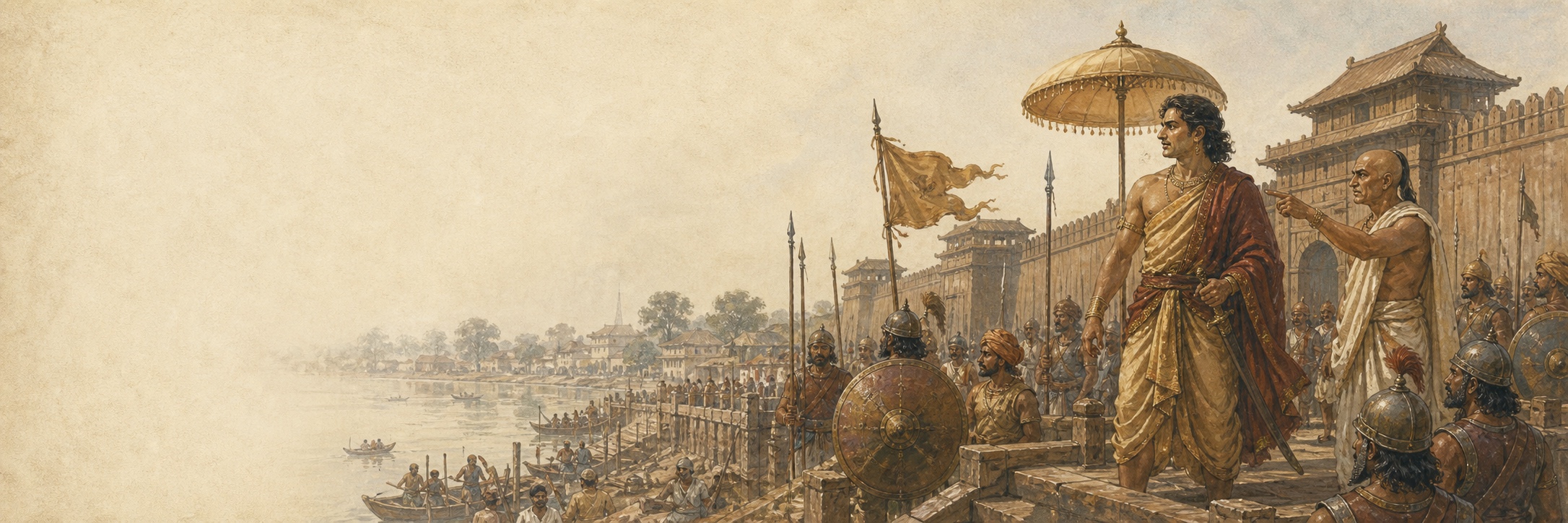 Illustrated reconstruction of administrators and soldiers conferring in timber-built Pataliputra
