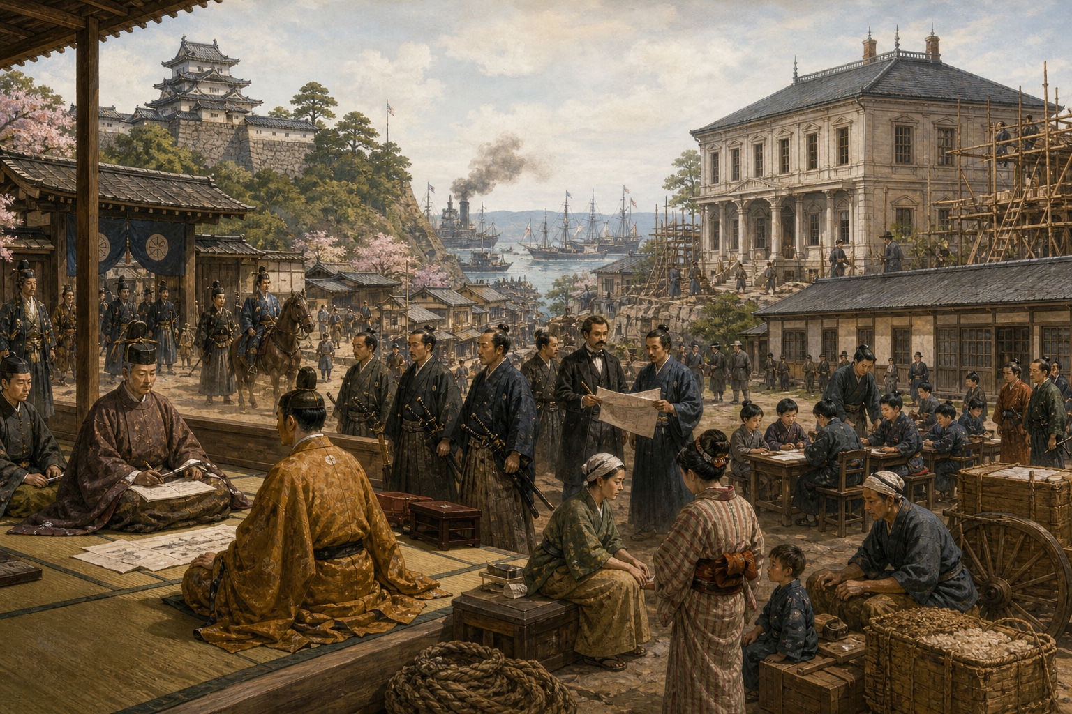 Illustrated reconstruction of samurai, modern-drilled troops, a palanquin, and telegraph work sharing a city street