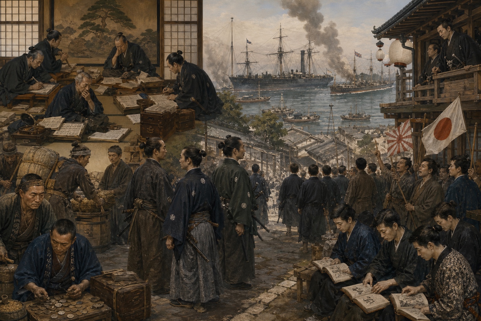 Illustrated reconstruction of the background of Meiji Restoration