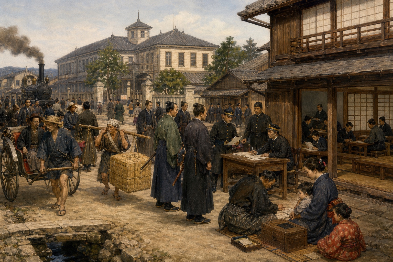 Illustrated reconstruction of the outcome of Meiji Restoration