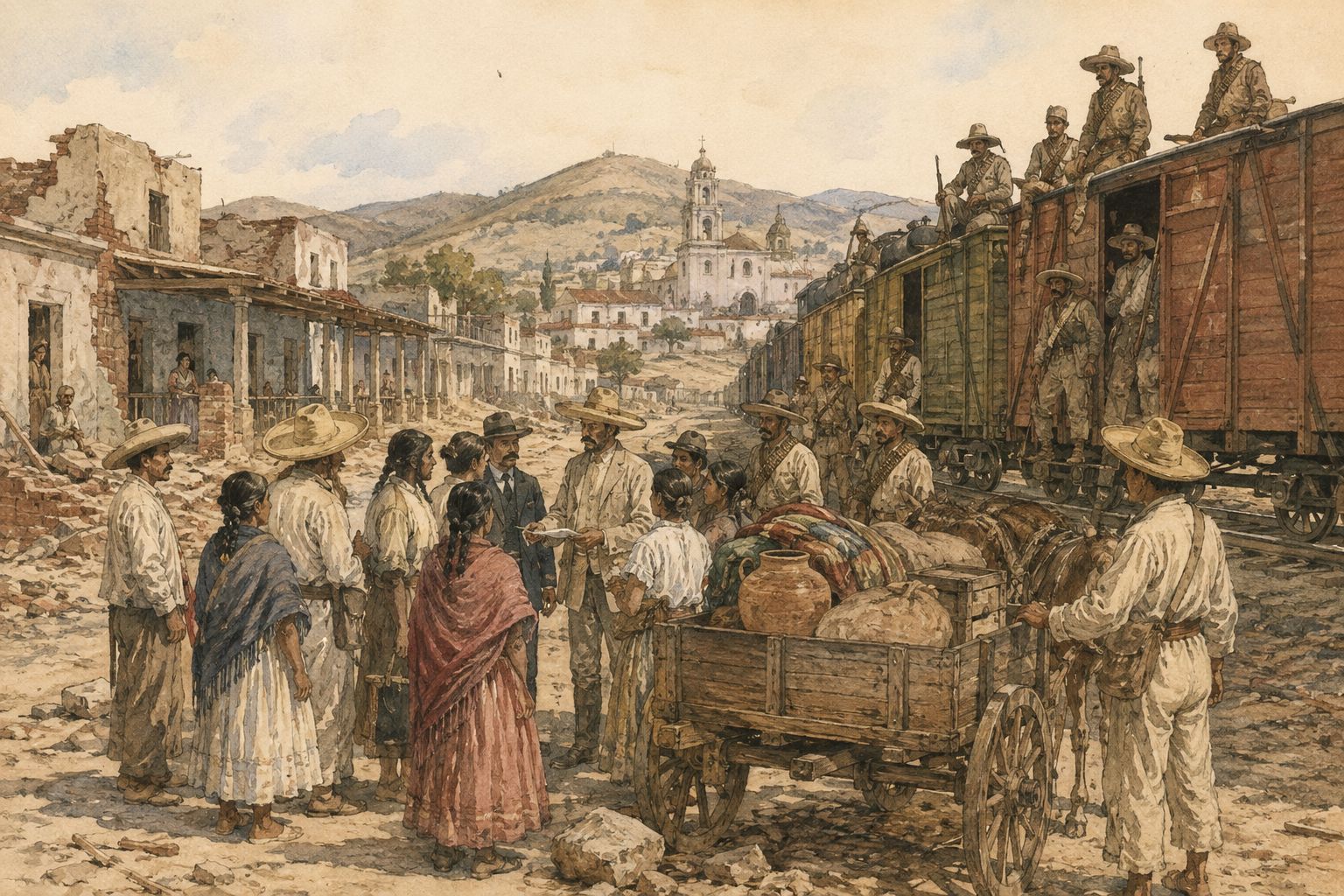 People discuss a new order in a Mexican town after the revolution