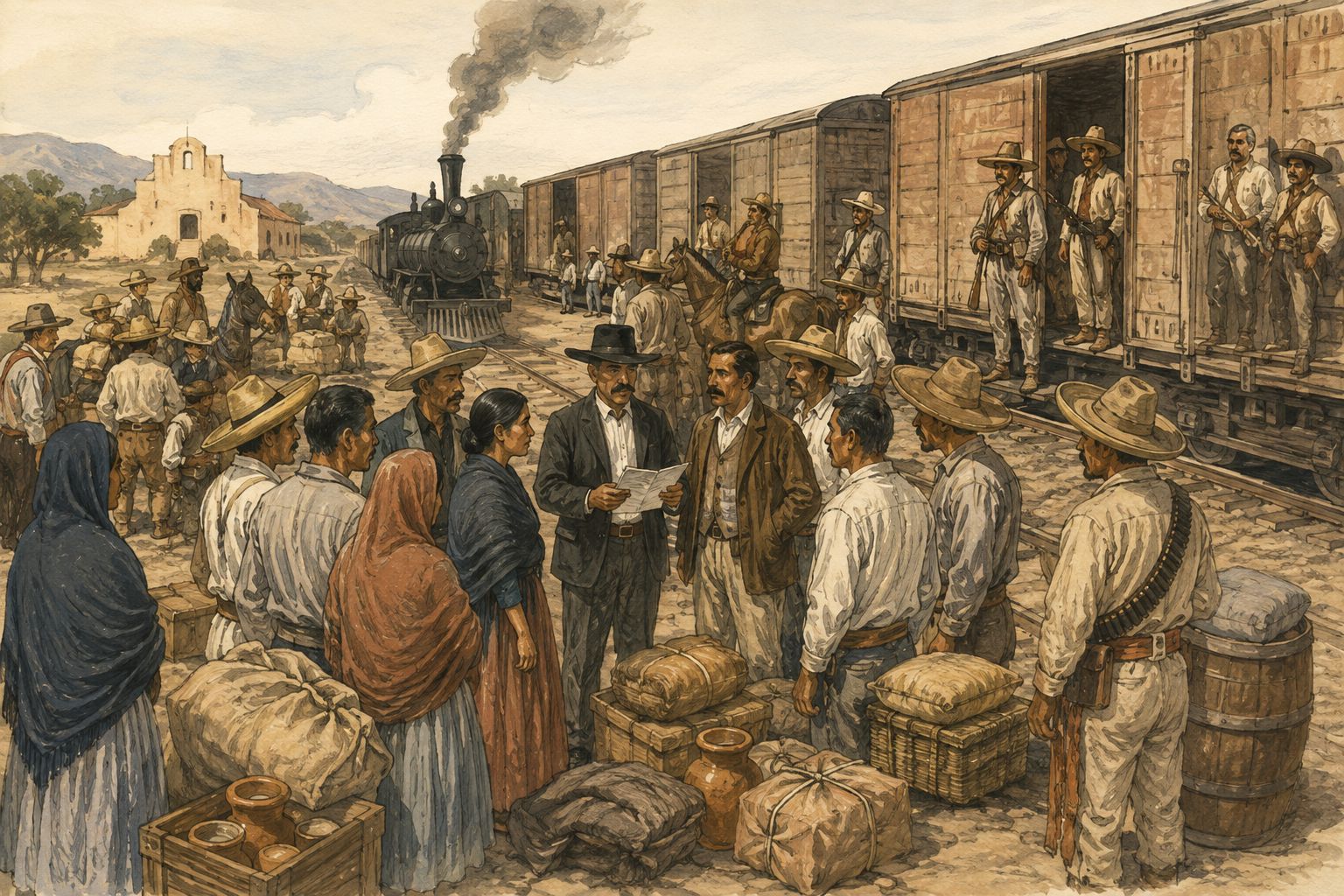 Revolutionary forces and a train begin moving through the Mexican countryside