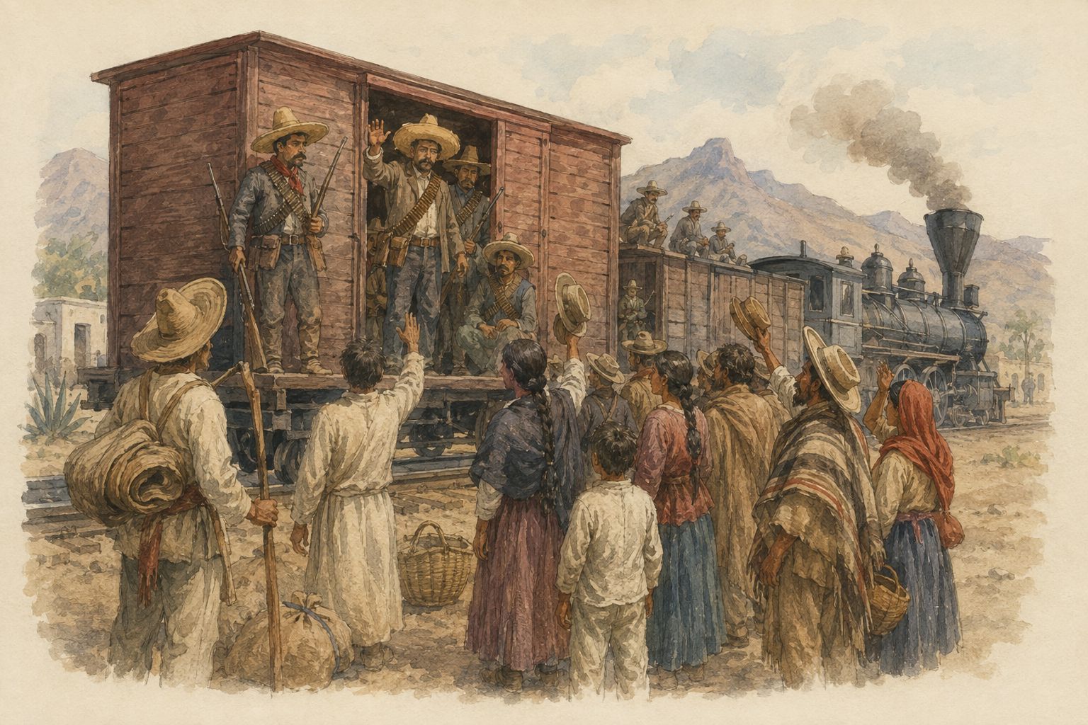 Soldiers ride a revolutionary train as residents gather along the route
