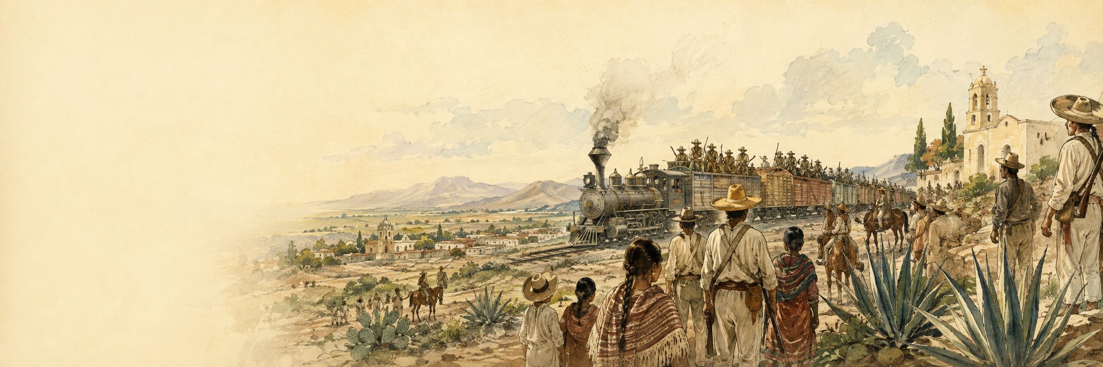 People watch a revolutionary train and its riders against a Mexican mountain town