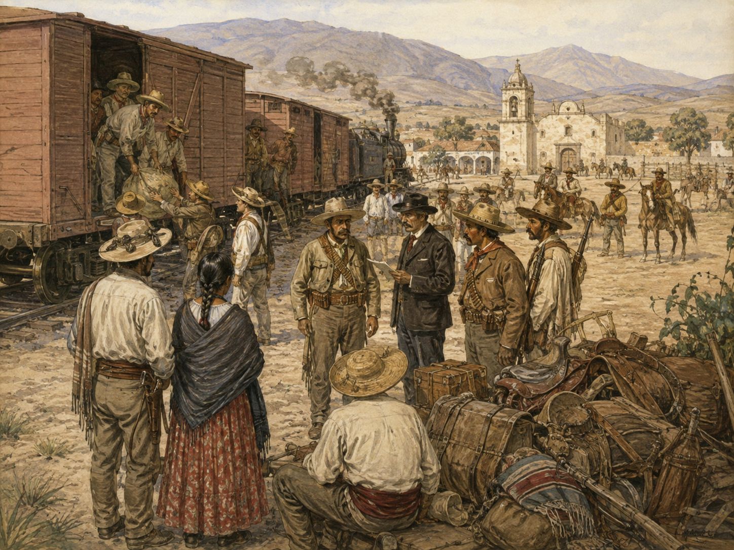 Revolutionary soldiers and residents unload supplies from freight cars in a Mexican town