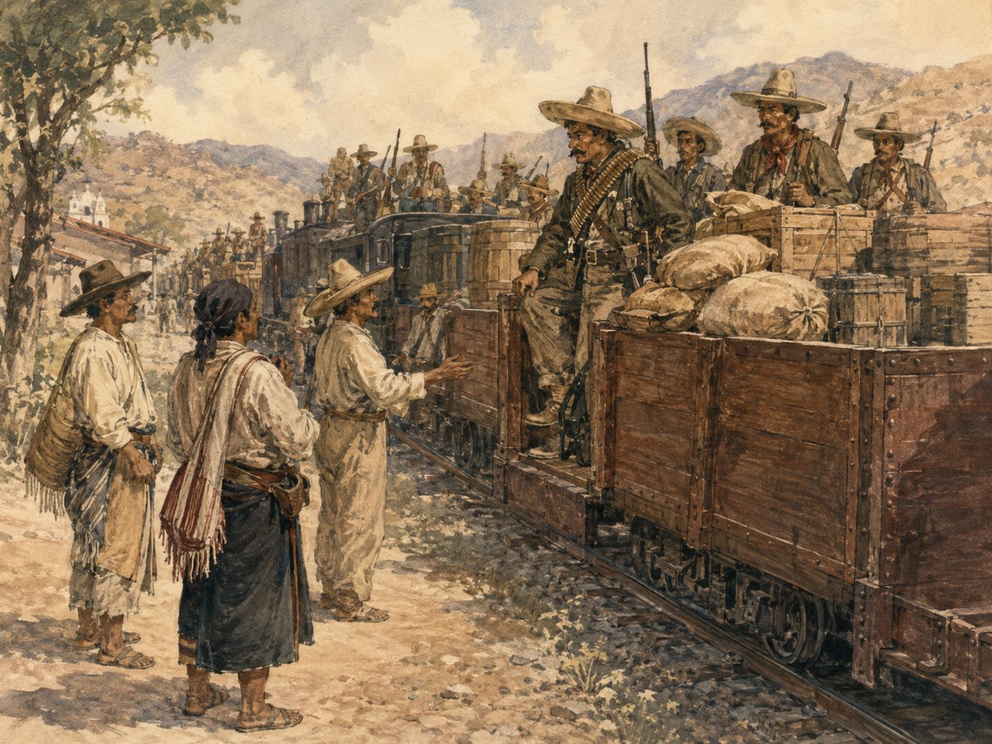 Revolutionary leaders and residents discuss their next move at a railway station