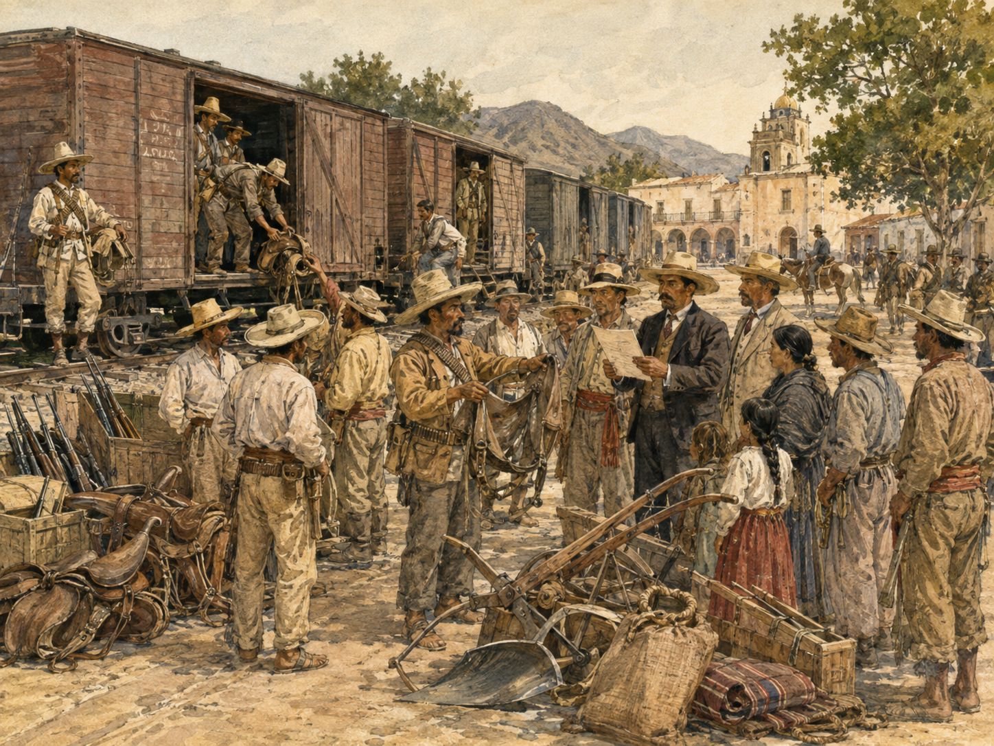 Officials and residents discuss new land arrangements and daily life in a post-revolutionary town