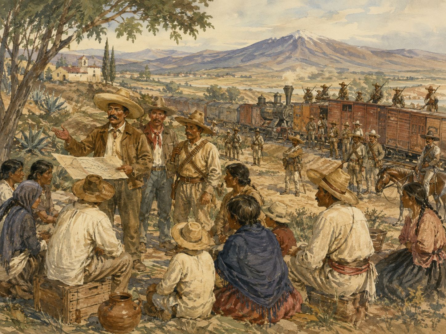 Residents gather beside a train route and the remembered landscape of the Mexican Revolution