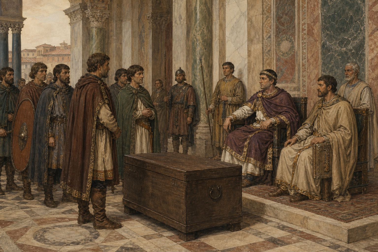 Eastern Roman officials receiving western envoys around a plain wooden chest at Constantinople after 476
