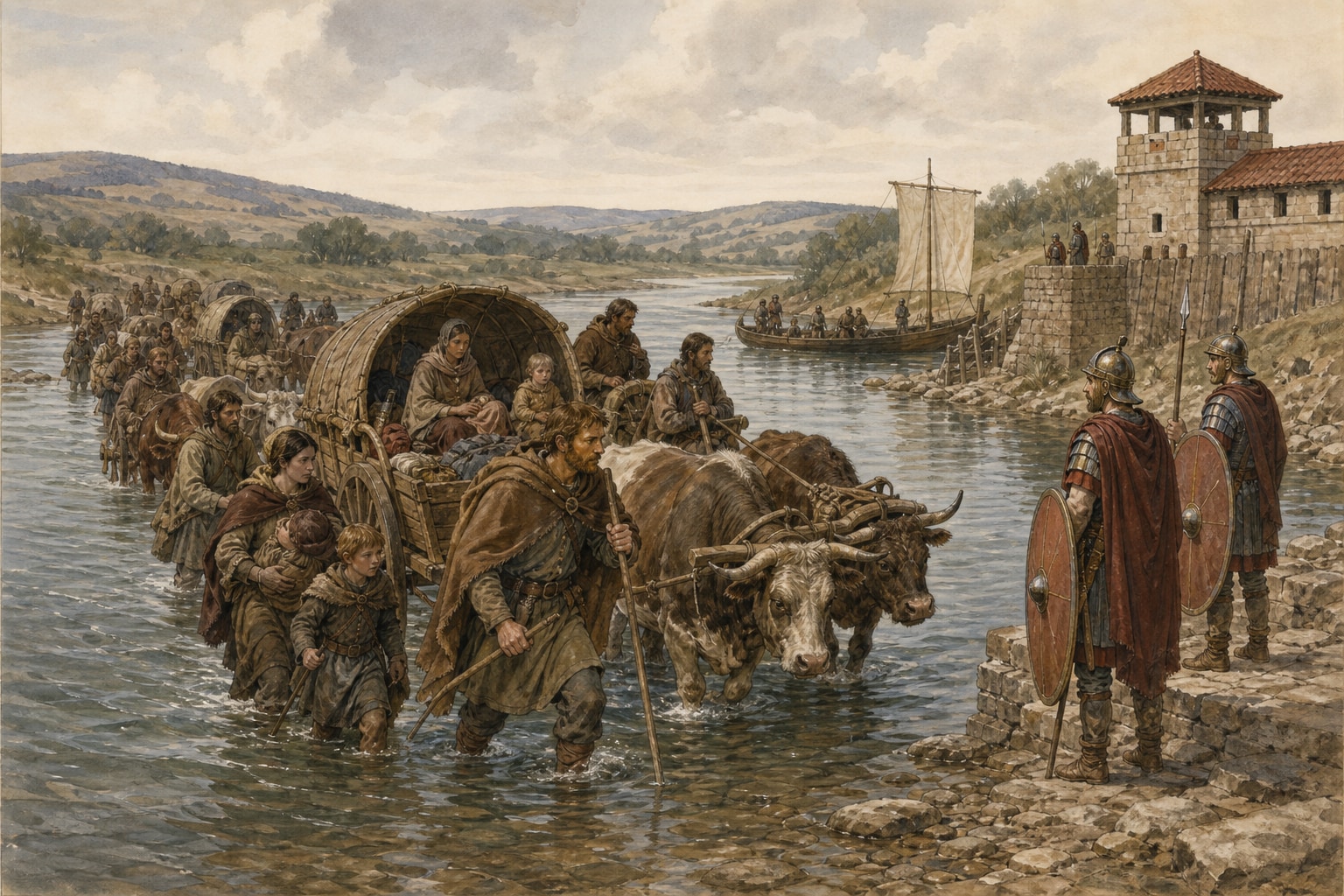 Gothic families crossing toward the Roman bank of the Danube with carts, cattle, and children