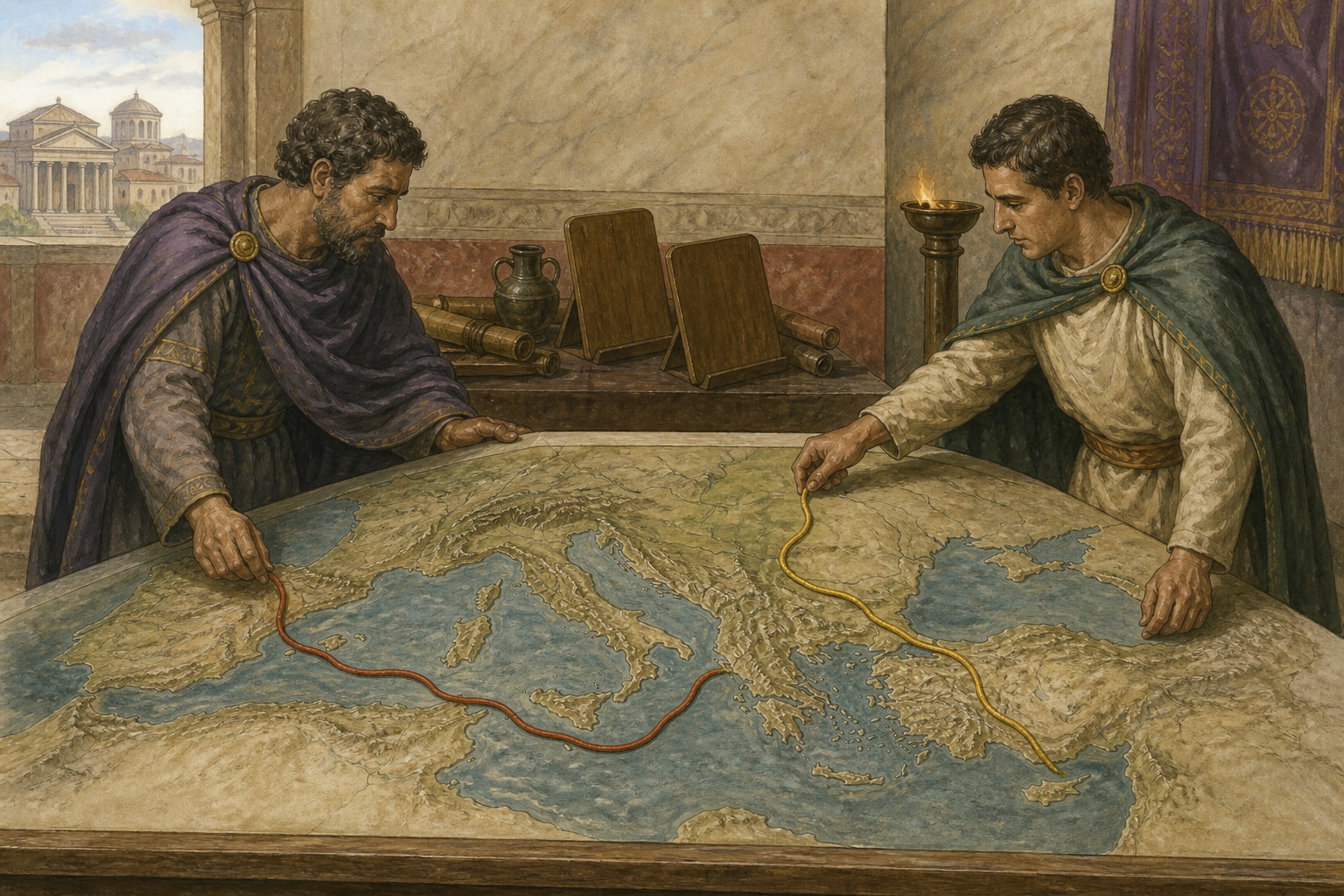 Late Roman officials laying red and yellow cords across an unlabeled relief map to compare routes