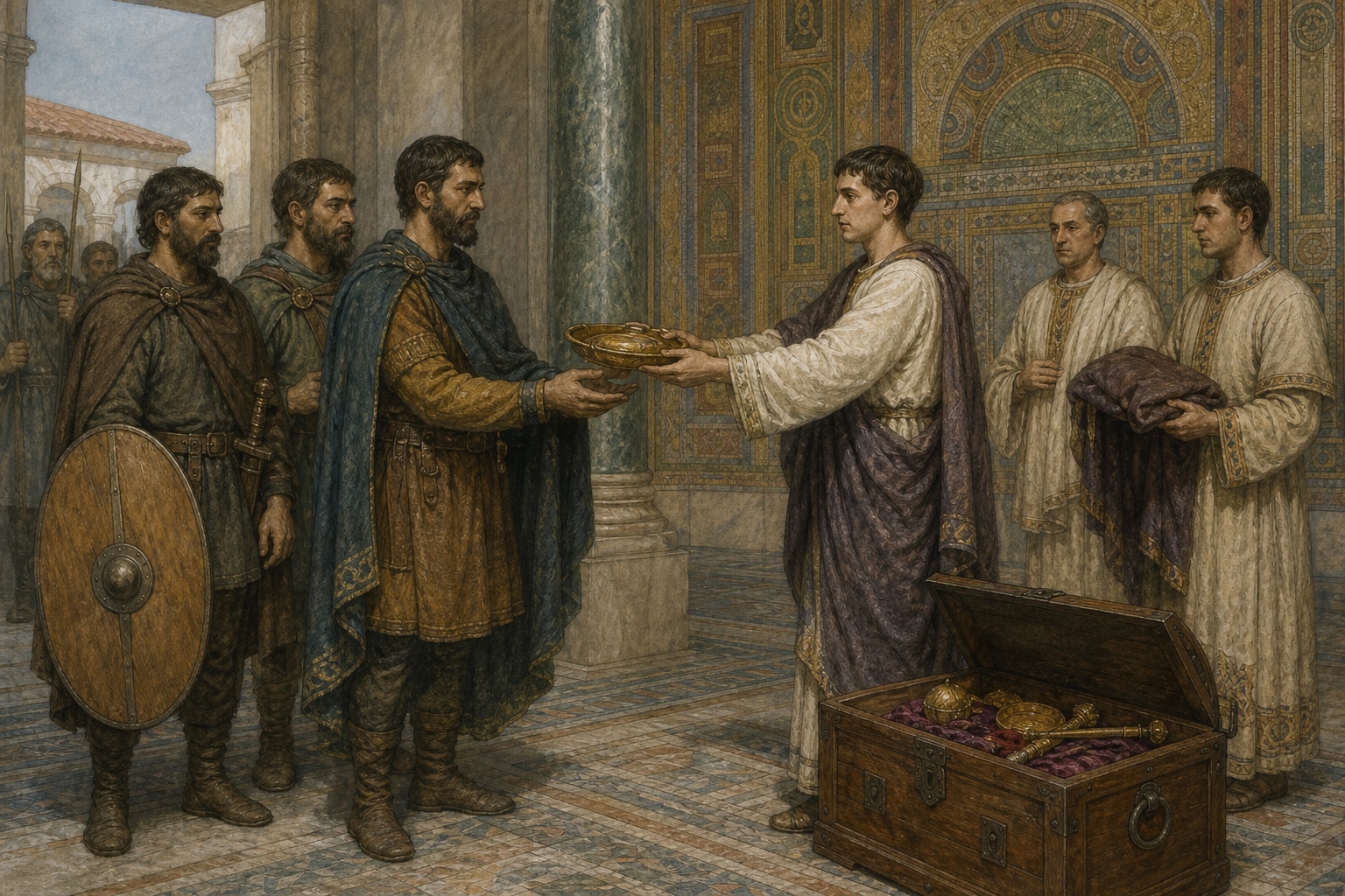 Odoacer's representatives receiving imperial regalia from the young emperor in a Ravenna palace in 476