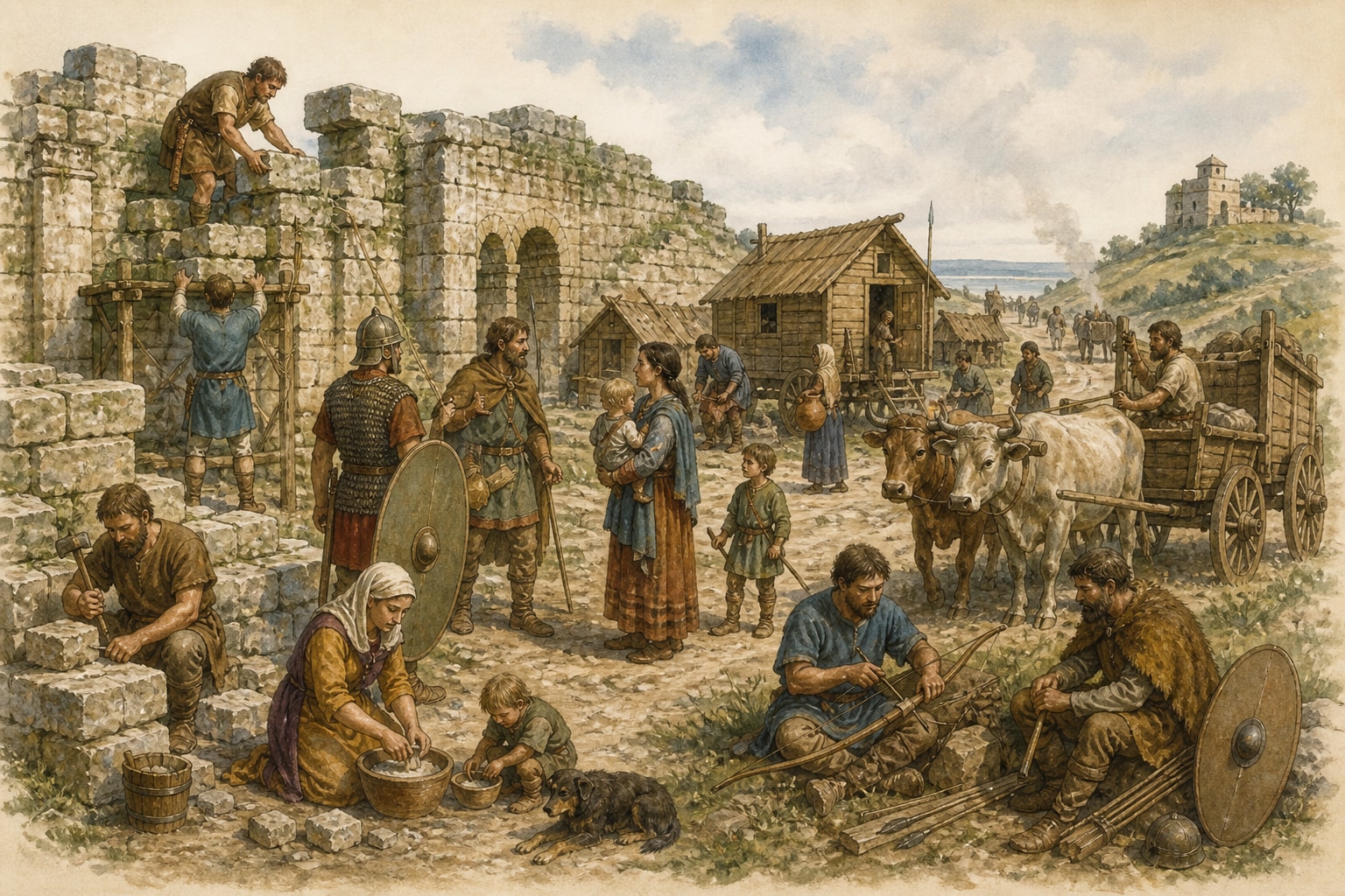 A diverse community building a settlement with reused Roman masonry, wagons, and livestock