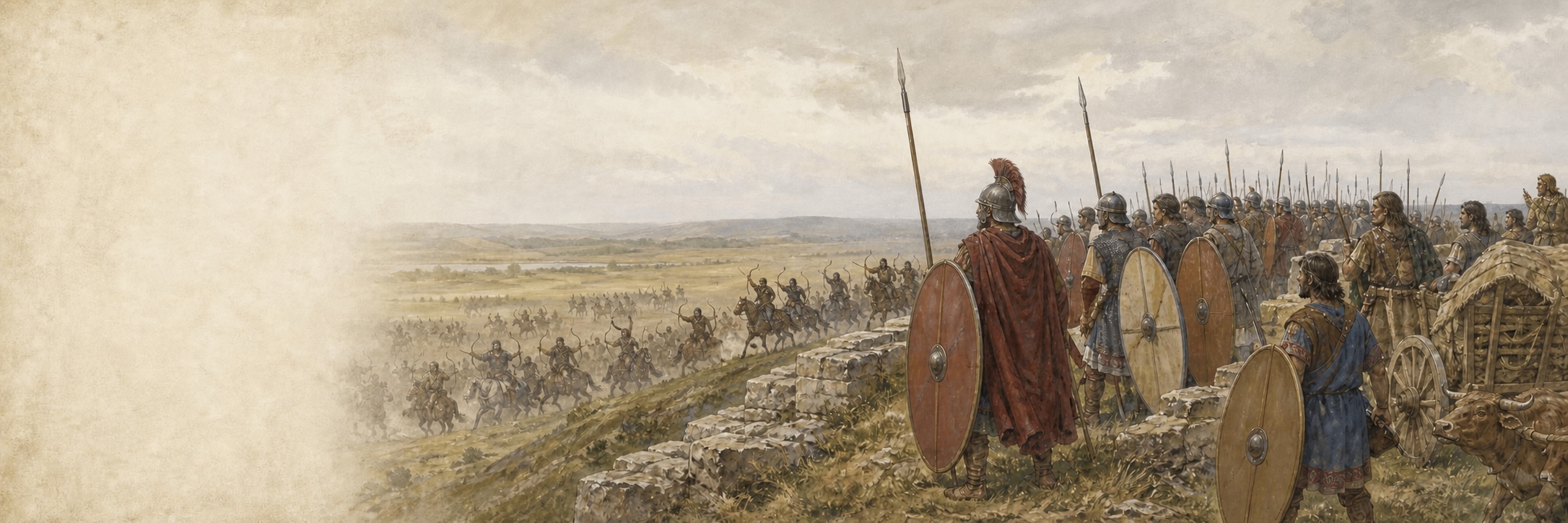 Roman and Gothic allied troops facing Hunnic horsemen on an open ridge in Gaul in 451