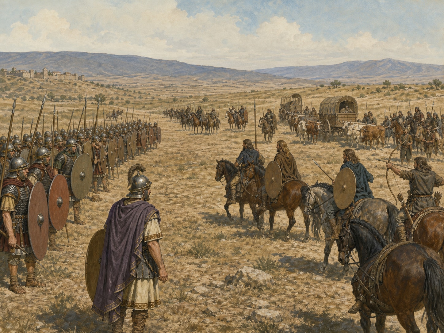 Late Roman troops facing a Gothic group with mounted fighters and wagons on a dry plain