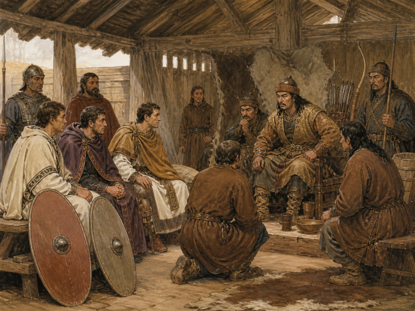 A Hunnic court receiving Roman envoys in a timber hall on the Pannonian plain