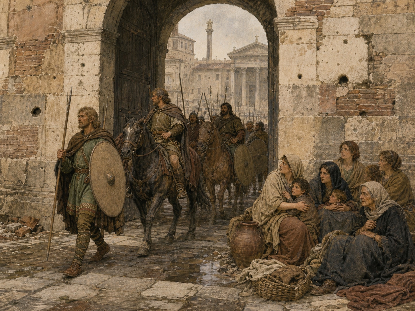 Visigothic troops passing through a Roman gate as civilians shelter beside the wall in 410