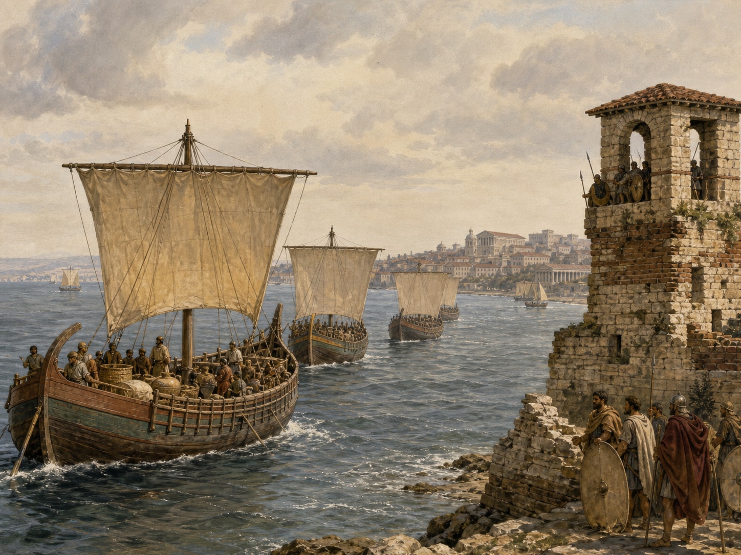 A Vandal fleet approaching a Roman city on the Mediterranean coast as soldiers keep watch in 455