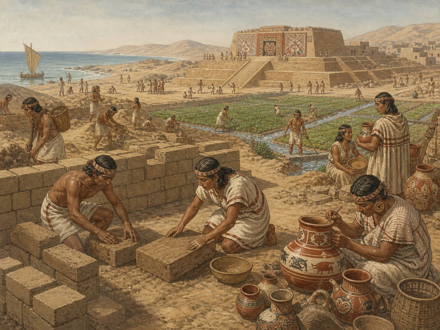 Historical reconstruction of Rise of the Moche Civilization's background: In and around the northern coast of Peru, the setting took shape as Moche society developed irrigation agriculture, monumental earthen architecture, and sophisticated metalwork and pottery on Peru’s arid northern coast.