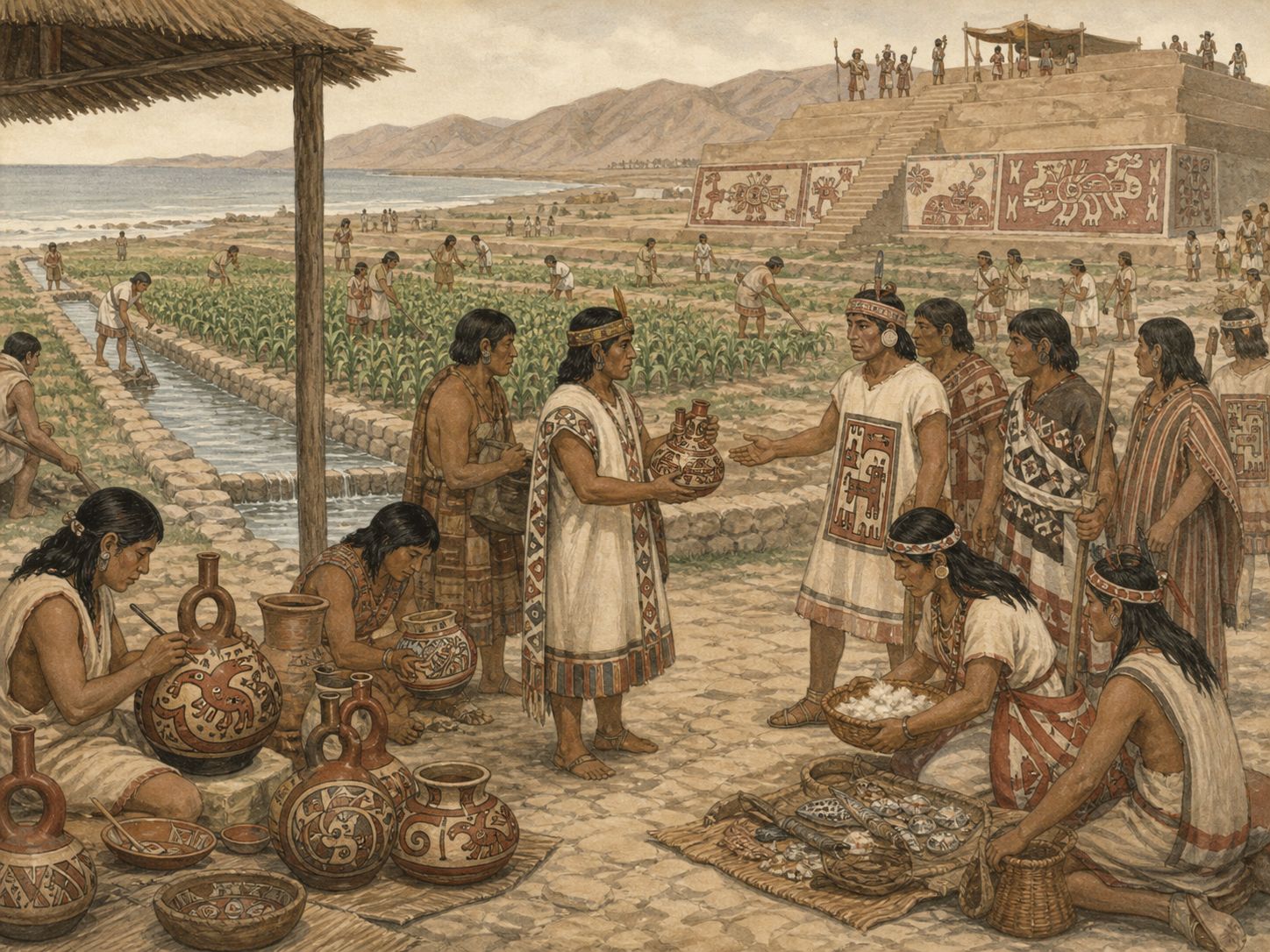 Historical reconstruction of Rise of the Moche Civilization's central action: Moche society developed irrigation agriculture, monumental earthen architecture, and sophisticated metalwork and pottery on Peru’s arid northern coast.