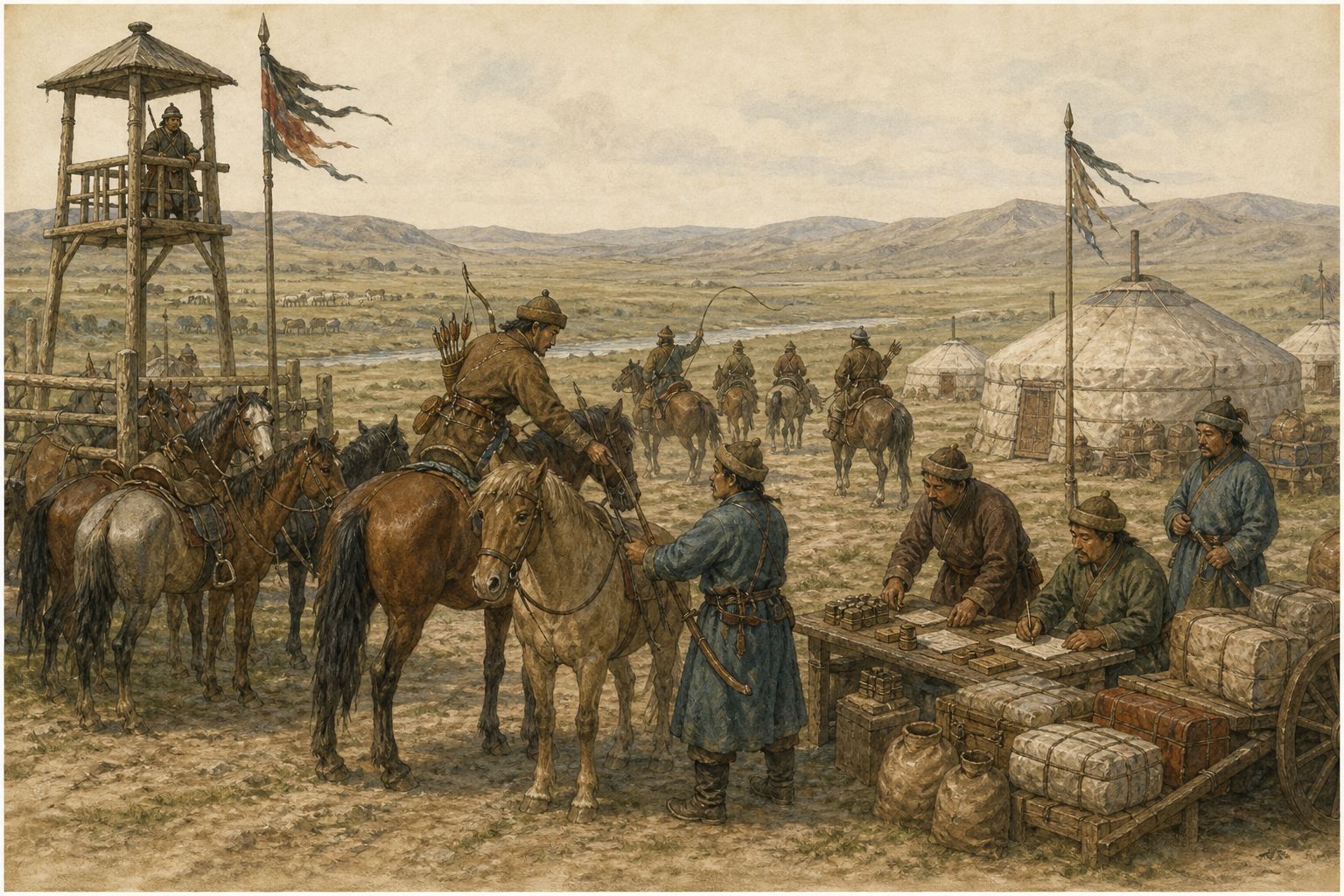 Riders receive remounts while stewards count supplies at a steppe relay station
