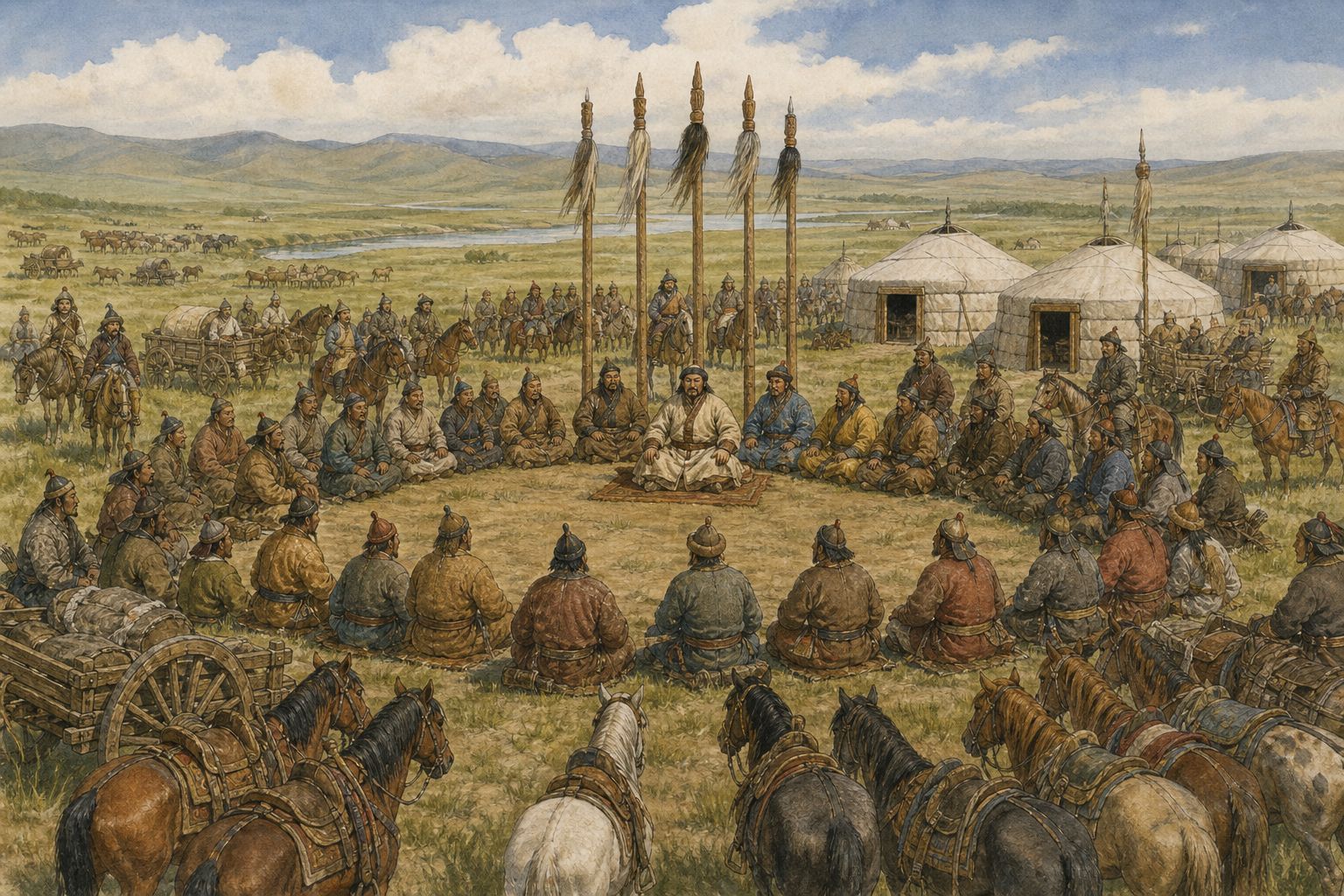 Tribal delegates sit in a circle among gers and carts at the 1206 kurultai beneath an open sky