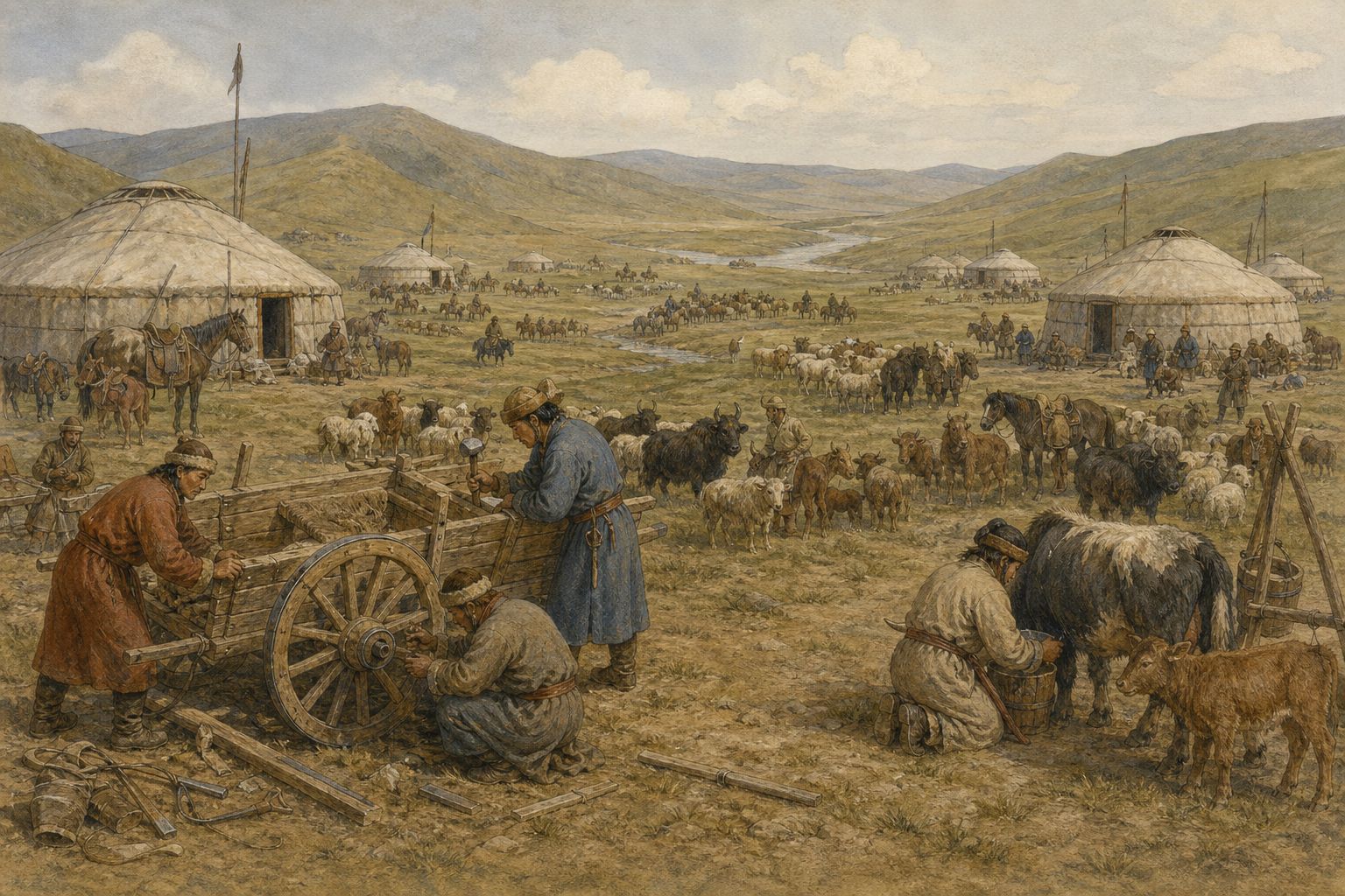 People tend herds and repair carts among separate steppe camps before unification