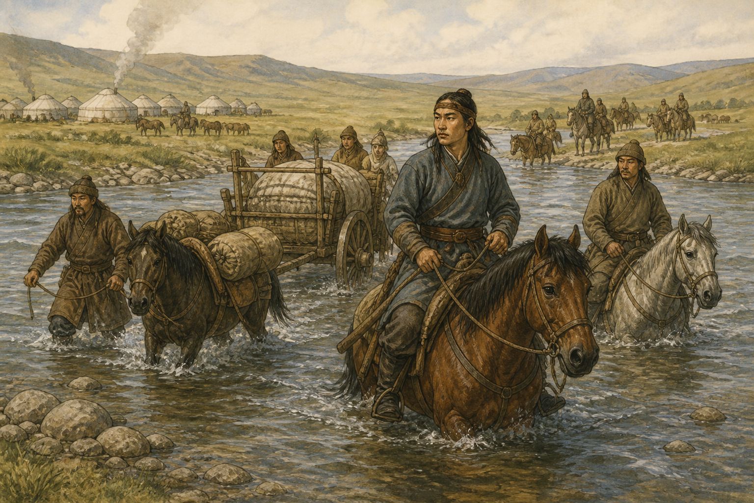A young Temüjin and his household cross a river with horses and provisions on the Onon–Kherlen steppe
