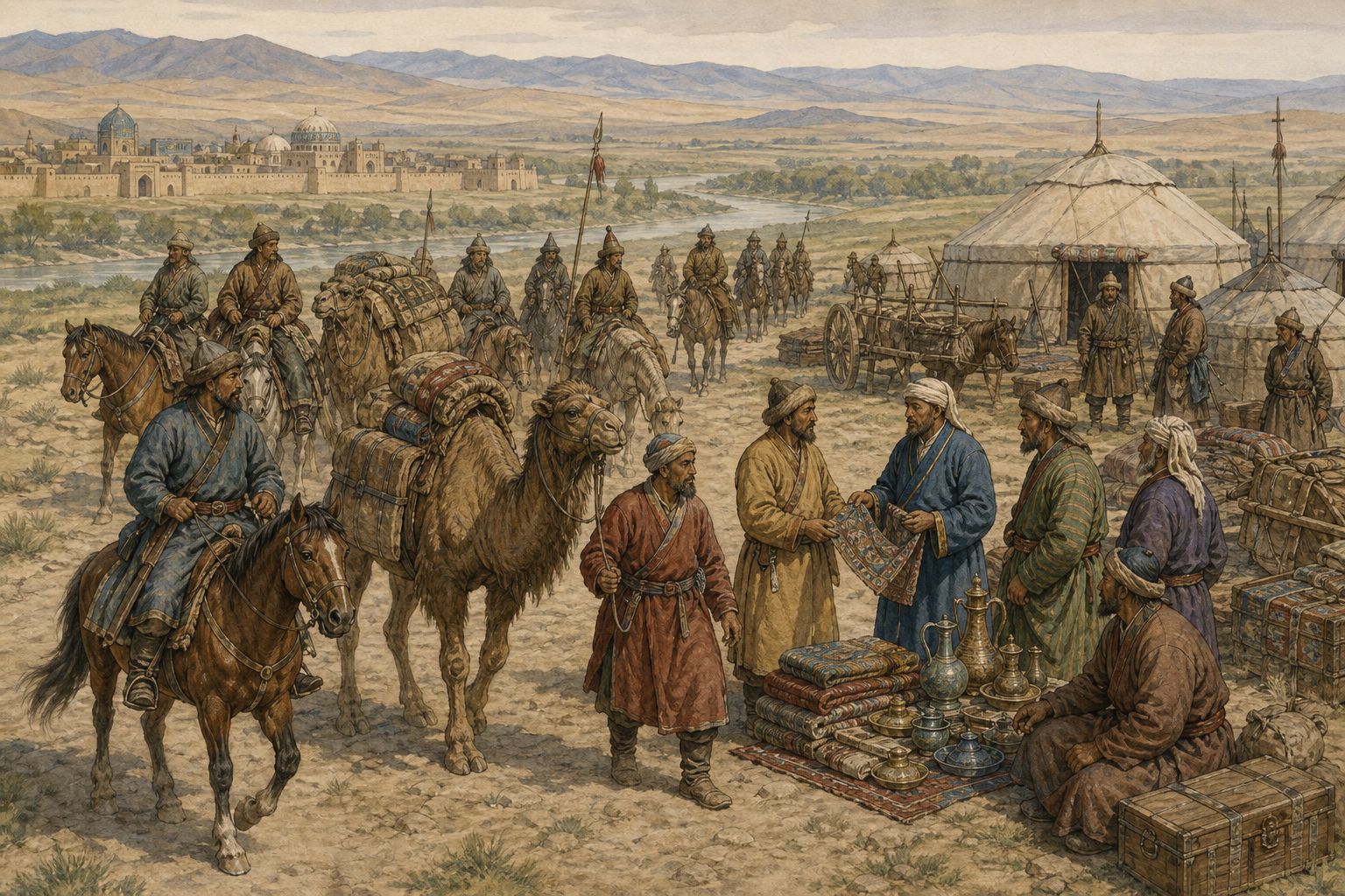 A caravan bound for Central Asian markets exchanges goods and news with travelers at a relay camp