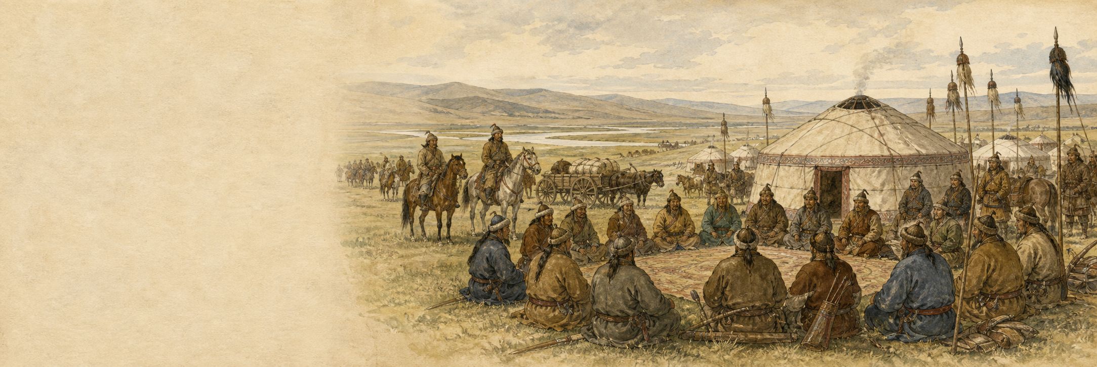 Mongol leaders open a kurultai around gers and carts in the Onon River basin in 1206