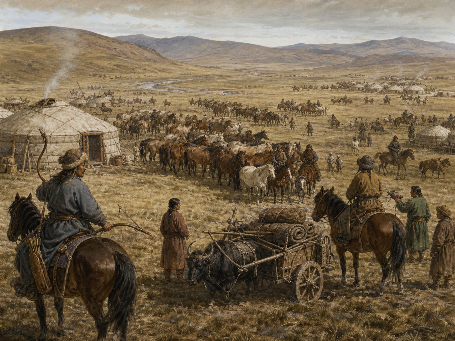 Gers, herds, and riders live in separate camps across a broad Mongolian steppe valley