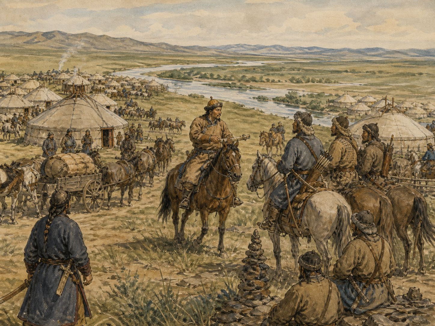 Mounted envoys and leaders prepare a common assembly on grassland near the Onon River