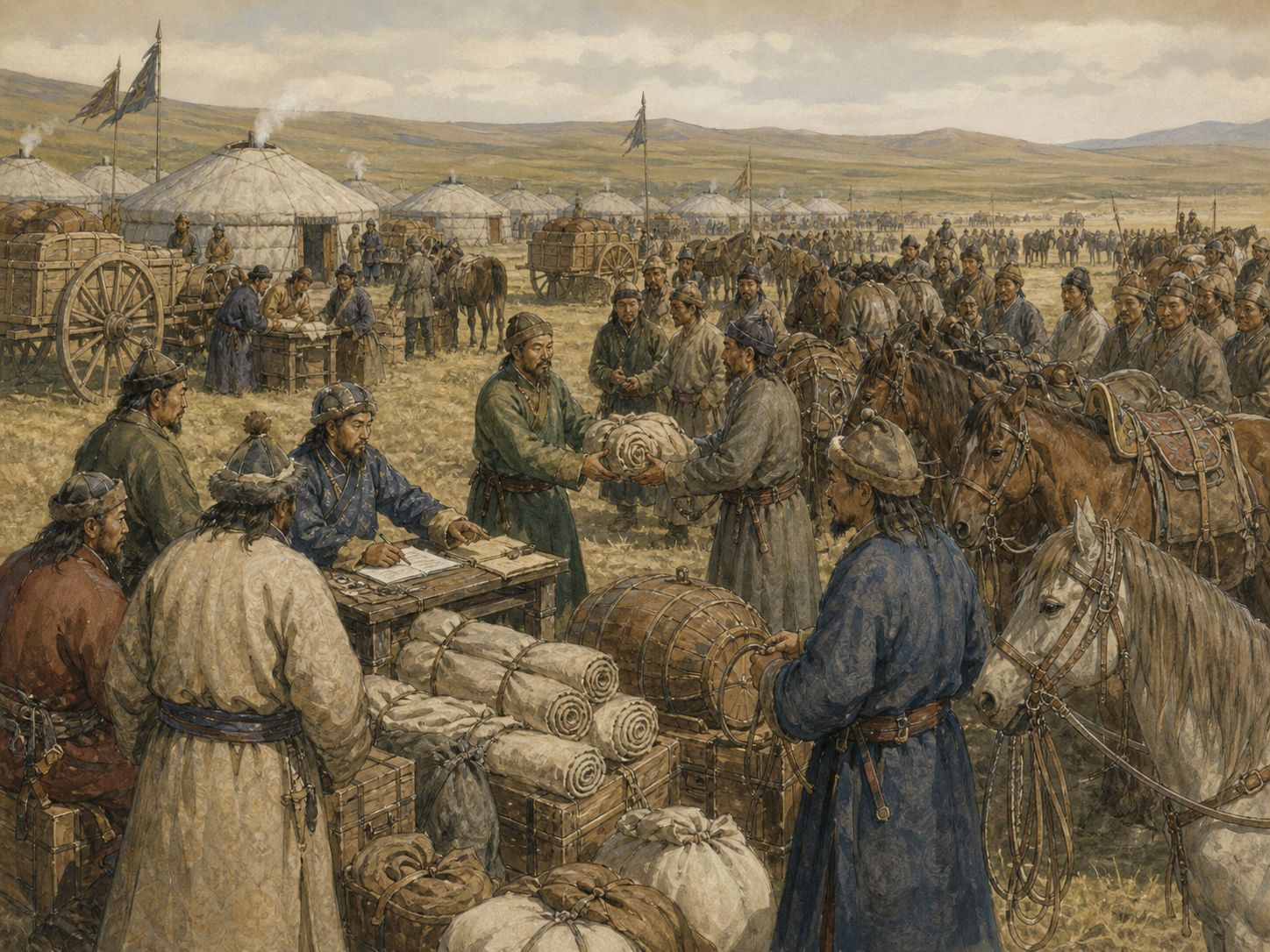 Officials distribute carts, provisions, and horses under a new order in a large steppe camp