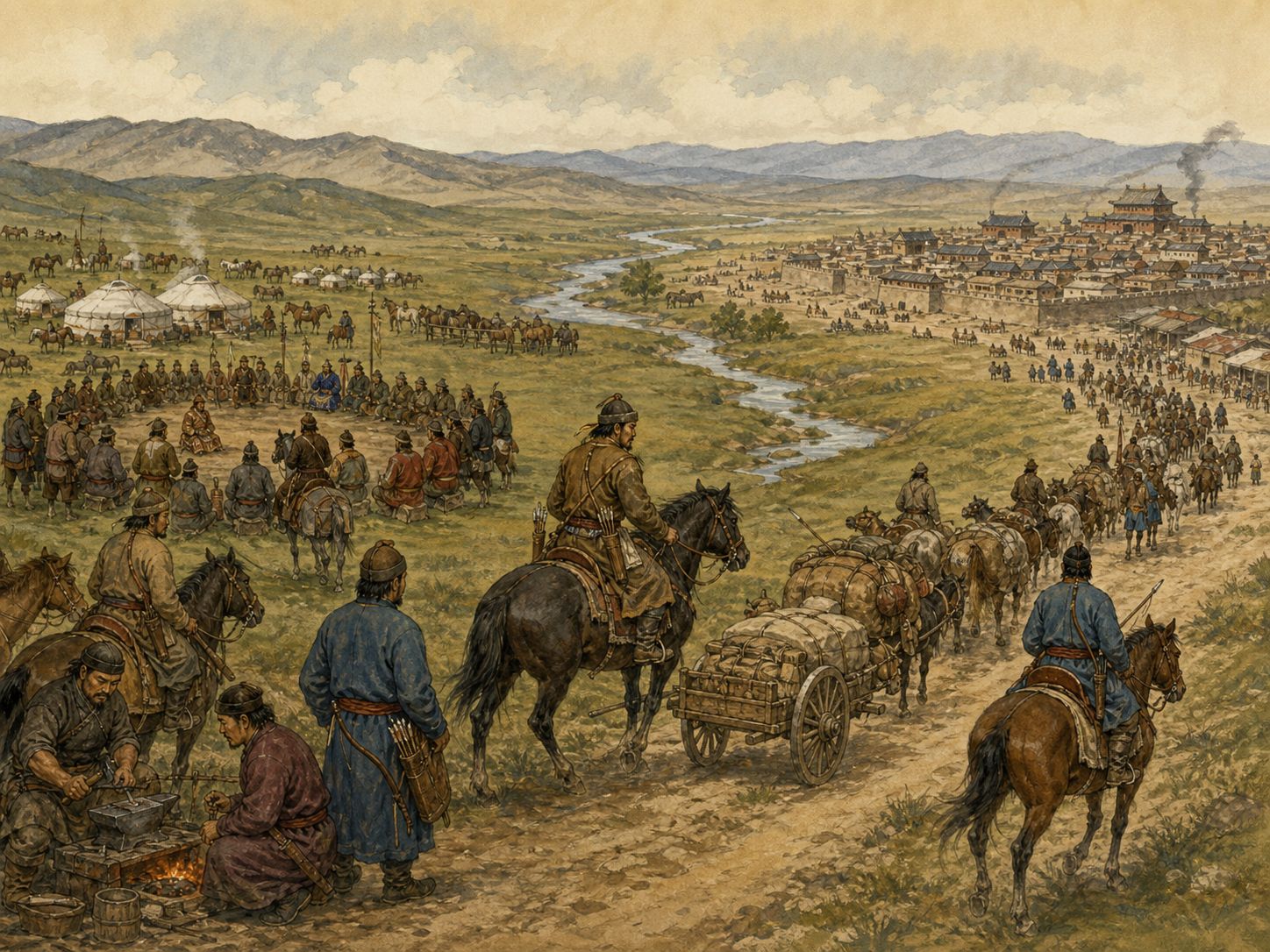 Camels, horses, merchants, and artisans move along a grassland route toward distant markets