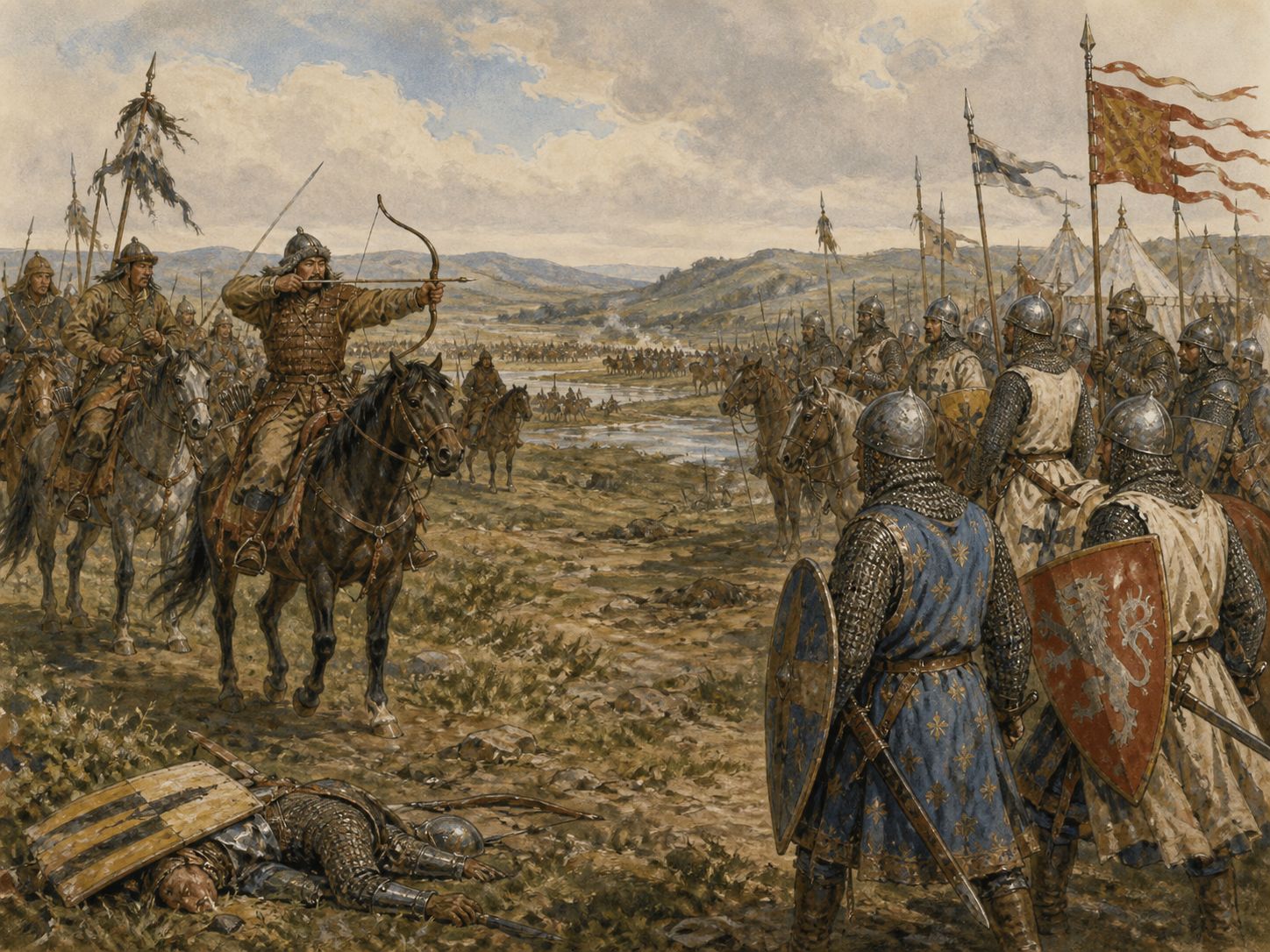 Historical reconstruction of Mongol Invasion of Europe's central action: Mongol armies combined divided advances, reconnaissance, and mounted archery, defeating the Hungarian army at Mohi in 1241.