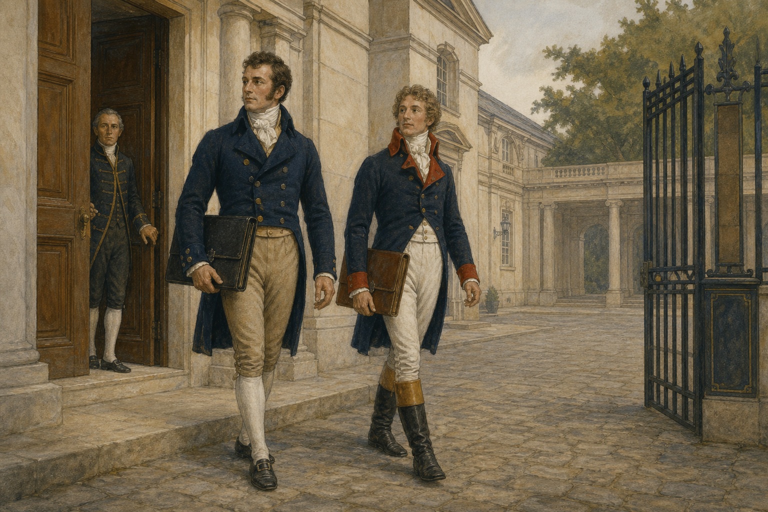 Two diplomats leaving a neoclassical building with closed portfolios